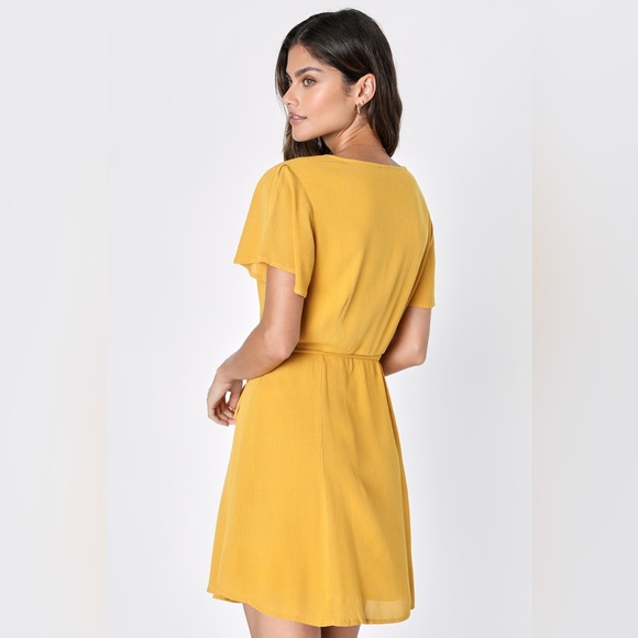Lulus Mustard Yellow Wrap Dress Size M - Picture 8 of 14